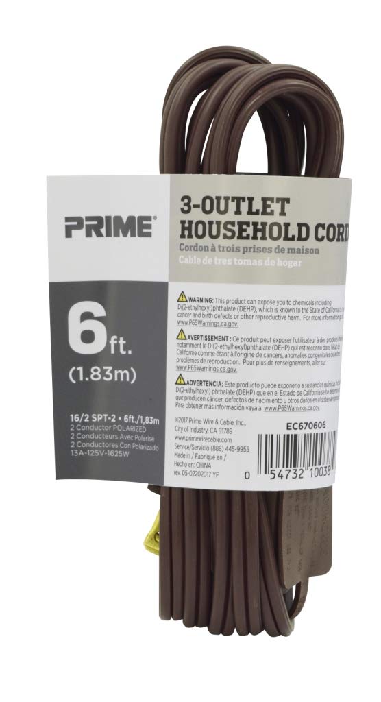 Prime Wire & Cable Ec670606 6 Foot 16/2 Spt 2 3 Outlet Indoor Cord, Brown